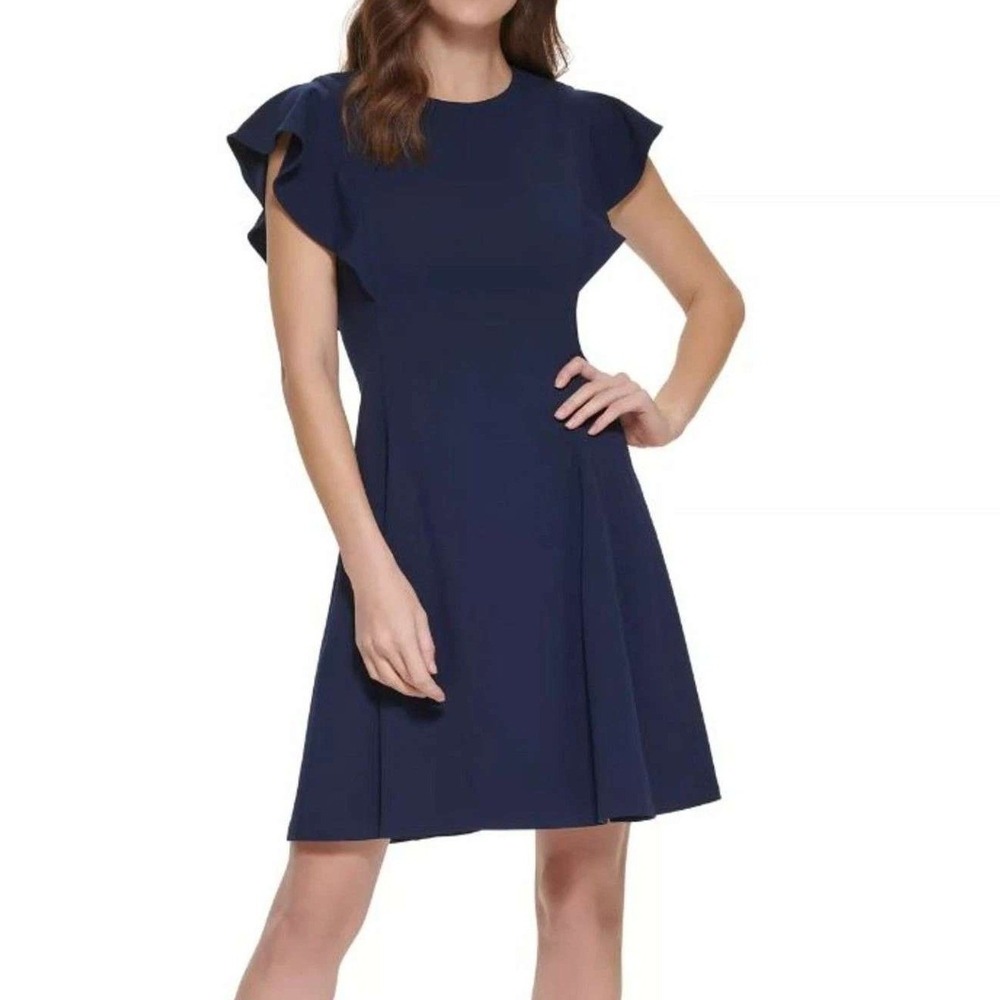 Dkny Flutter Sleeve Scuba Crepe Dress Navy Women's Size 16 Mini Short Sleeve